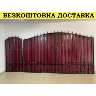 Ворота с вишневым глянцевым профнастилом и ковкой в ​​НАЛИЧИИ
