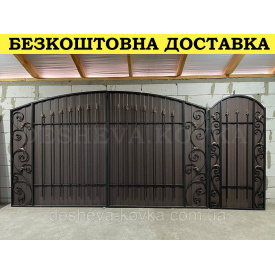 Ворота с коричневым матовым профнастилом и ковкой в ​​НАЛИЧИИ