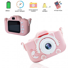 Дитячий цифровий фотоапарат Smart Kids з 2" екраном у силіконовому чохлі "Кішечка" з вбудованими іграми Рожевий Житомир