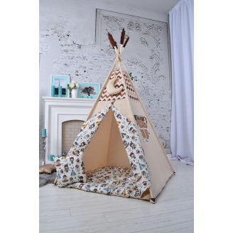 Детская Палатка домик бежевая с мягким ковриком и подушкой Wigwamhome 110х110х180 см Подвеска месяц