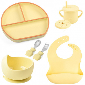 Набор детской силиконовой посуды 2Life Y11 из 7 предметов с металлическими приборами Желтый (v-11362)