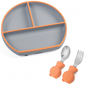 Силиконовая трехсекционная тарелка 2Life Y18 и металлические приборы Y25 Серый с оранжевым (v-11550)