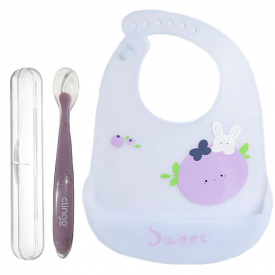 Силіконова ложка в кейсі та слинявчик 2Life Фіолетовий (v-11995)