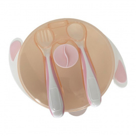 Тарілка на присосці з ложкою та виделкою Mega Zayka MGZ-0109 (Peach) 350 мл