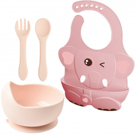 Набір 2Life тарілка та прибори Y4 і слинявчик 4D Слонік Рожевий (v-11928)