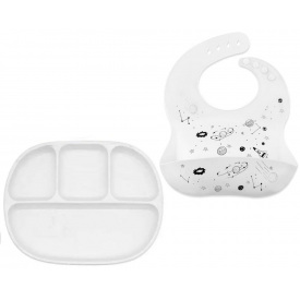 Набір силіконовий посуд 2Life D14 і слюнявчик космос Білий (v-11764)