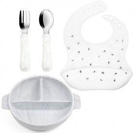 Набор детской посуды 2Life Волна тарілка та прибори Y1 та слинявчик Букви Білий (v-12068)