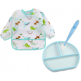 Комплект 2Life слинявчик-нагрудник Динозаври та Набір посуду Y5/9 Блакитний