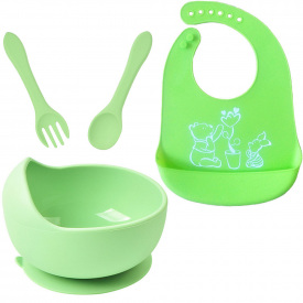 Набір посуду 2Life тарілка Y3 прибори та слинявчик Ведмедик Зелений (vol-10543)