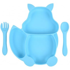Набор силиконовая трех-секционная тарелка в форме белки ложка вилка 2Life Y9 3 шт Синий (vol-9921)
