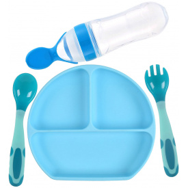Набор силиконовая трех-секционная тарелка термочувствительная ложка вилка бутылка-ложка 2Life Y9 4 шт Синий (vol-9920)