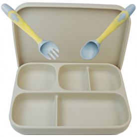 Силиконовая пяти-секционная тарелка c крышкой и ложка вилка меняющая форму 2Life А4 3 предмета Бежевый (vol-10742)