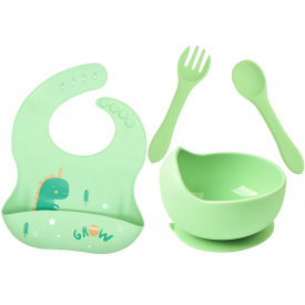 Набор 2Life круглая тарелка Y3 для первых блюд ложка и вилка силиконовый слюнявчик дракончик Зеленый vol-10353