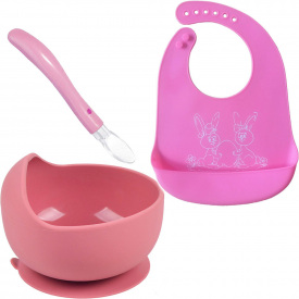 Набір посуду 2Life тарілка Y19 прибори та слинявчик Зайчик Рожевий (vol-10545)