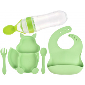 Набор силиконовая секционная тарелка в форме белки слюнявчик ложка вилка бутылка-ложка 2Life Y3 5 шт Зеленый (vol-9930)