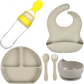 Набор силиконовая тарелка слюнявчик тарелка для первых блюд ложка вилка бутылка-ложка 2Life Y20 6 шт Бежевый (vol-9927)