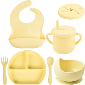 Набор детской силиконовой посуды тарелка слюнявчик тарелка для супа ложка вилка поильник 2Life Y11 7 шт Желтый (vol-10055)