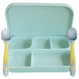 Силиконовая пяти-секционная тарелка c крышкой и ложка вилка меняющая форму 2Life А3 3 предмета Зелёный (vol-10744)
