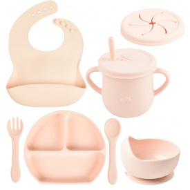 Набор детской силиконовой посуды тарелка слюнявчик тарелка для супа ложка вилка поильник 2Life Y4 7 шт Розовый (vol-10053)
