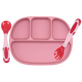 Детская четырех-секционная силиконовая тарелка и термочувствительная ложка-вилка 2Life 700 мл Розовый (vol-10239)