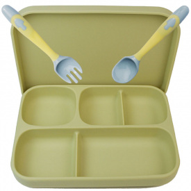 Силиконовая пяти-секционная тарелка с крышкой и ложка вилка меняющая форму 2Life А1 3 предмета Зелёный (vol-10750)