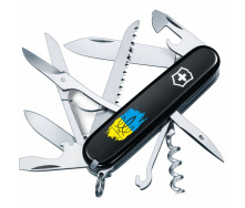 Складной нож Victorinox Huntsman Ukraine 91мм 15 функций Черный Трезубец фигурный на фоне флага (1.3713.3_T1026u)