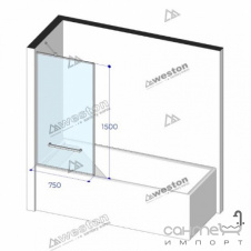 Шторка на ванну Weston 750x1500 матовая черная/прозрачное стекло, угол острый, левая, держатель 400 мм