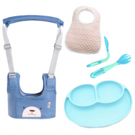 Набор детские вожжи-ходунки VOLRO слюнявчик тарелка и ложка-вилка Синий (vol-1953)