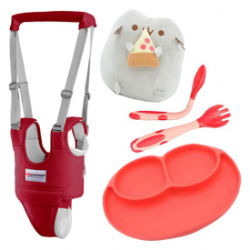 Набор детские вожжи-ходунки VOLRO с подкладками ложка-вилка с тарелкой и Пушин кэт с пиццей (vol-1975)