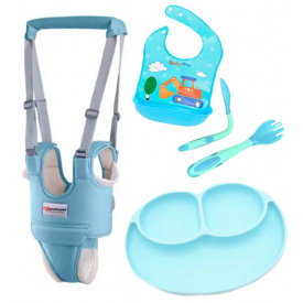 Набор детские вожжи-ходунки VOLRO с трусиками и подкладками слюнявчик с тарелкой и ложка-вилка Blue (vol-1966)