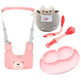 Набор детские вожжи-ходунки VOLRO ложка-вилка с тарелкой Розовый и Пушин кэт Письмо (vol-1974)