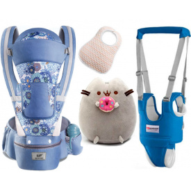 Хипсит Эрго-рюкзак кенгуру переноска Вожжи-ходунки слюнявчик и игрушка Пушин кот Пончик Baby Carrier 6 в 1 20 кг Синий (vol-2041)