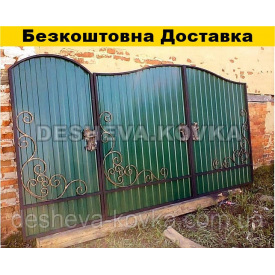 Распашные кованые ворота из профнастила из калиткой