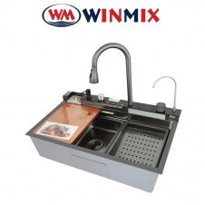 Кухонная мойка Winmix MH7546-SET-06 Decor nano-black (со смесителем, диспенсером, сушкой в комплекте) из нержавеющей стали Водопад