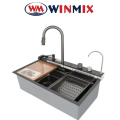 Кухонная мойка Winmix MH7546-SET-07 Decor nano-black (со смесителем, диспенсером, сушкой в комплекте) из нержавеющей стали Водопад Вышгород