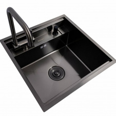 Кухонна мийка прихована Platinex Handmade CM 50*50 PVD (зі змішувачем, сифоном, кріпленням та диспенсером), Чорний