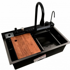 Кухонна мийка Platinex Handmade PVD 75*45М Водоспад (зі змішувачем, кран, ополіскувач, дошкою, диспенсером, сушінням у комплекті), Чорний