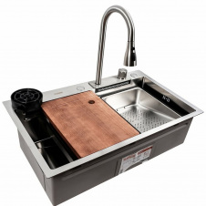 Кухонна мийка Platinex Handmade 75*46А Водоспад (зі змішувачем, дошкою, сушінням сифоном, ополіскувачем, кріпленням у комплекті), Нержавіюча сталь