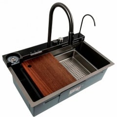 Кухонна мийка Platinex Handmade PVD 75*46D Водоспад (зі змішувачем, кран, ополіскувач, дошкою, диспенсером, сушінням у комплекті), Серый Михайловка