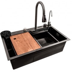 Кухонна мийка Platinex Handmade 75*45G Водоспад (зі змішувачем, краном, дошкою, сушінням сифоном, ополіскувачем, кріпленням у комплекті), Чорний Покровск