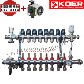 Коллекторный узел в сборе для "ТЕПЛЫЙ ПОЛ" с 3-х ходовым клапаном KOER KR.S1013-08 на 8 выходов с подключением к радиаторам с байпасом (Чехия)