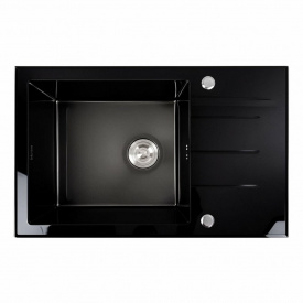 Кухонна мийка Platinex Handmade BLACK GLASS 78*50 PVD (з сифоном та кріпленнями), Чорний