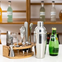 Набор для бара BAR для приготовления коктейлей с деревянной подставкой 750 мл 12 предметов Серебристый (C051212) Запорожье