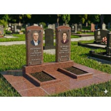 Подвійний пам'ятник із червоного граніту з майданчиком